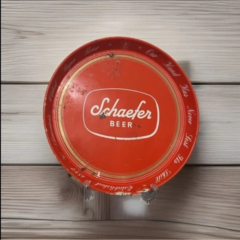Vtg Metal Serving Tray Schaefer Beer  12" New York Breweriana Bar Red Lager Read